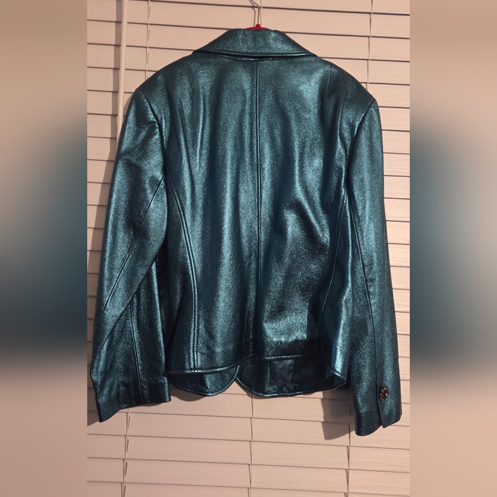 NWT Dana Buchman Plus Size 100% Leather Metallic Teal Blazer Size 20 - Picture 7 of 13